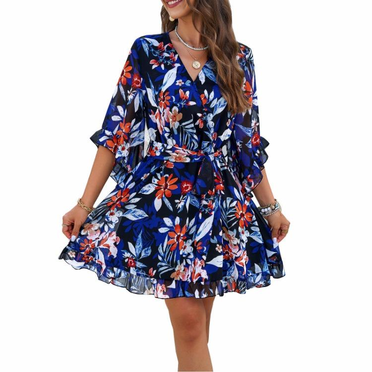 Women Summer Floral Print Dress Casual Street Elegant Flying Sleeve V Neck Dress