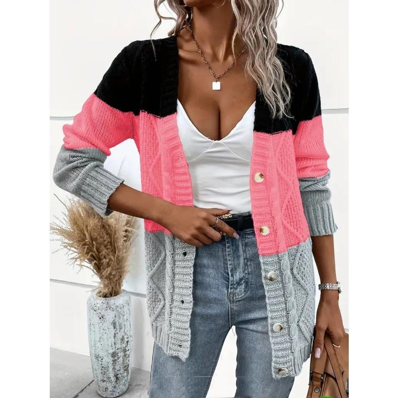 Women European American Lazy Style Striped V Neck Long Sleeve Knit Cardigan Sweater