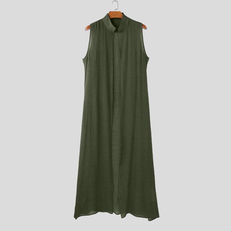 INCERUN Zomer Heren Staande Kraag Mouwloos Open Voorkant Casual Los Lang Tanktop Vest groen