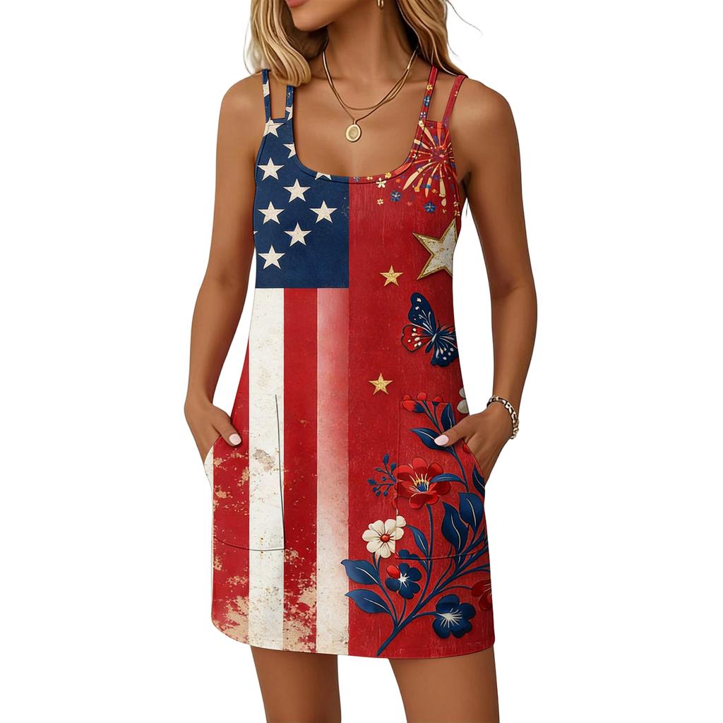 Women's Casual Sleeveless Dress Double Strap Pocket Dress Independence Day Print Sleeveless Summer Dress