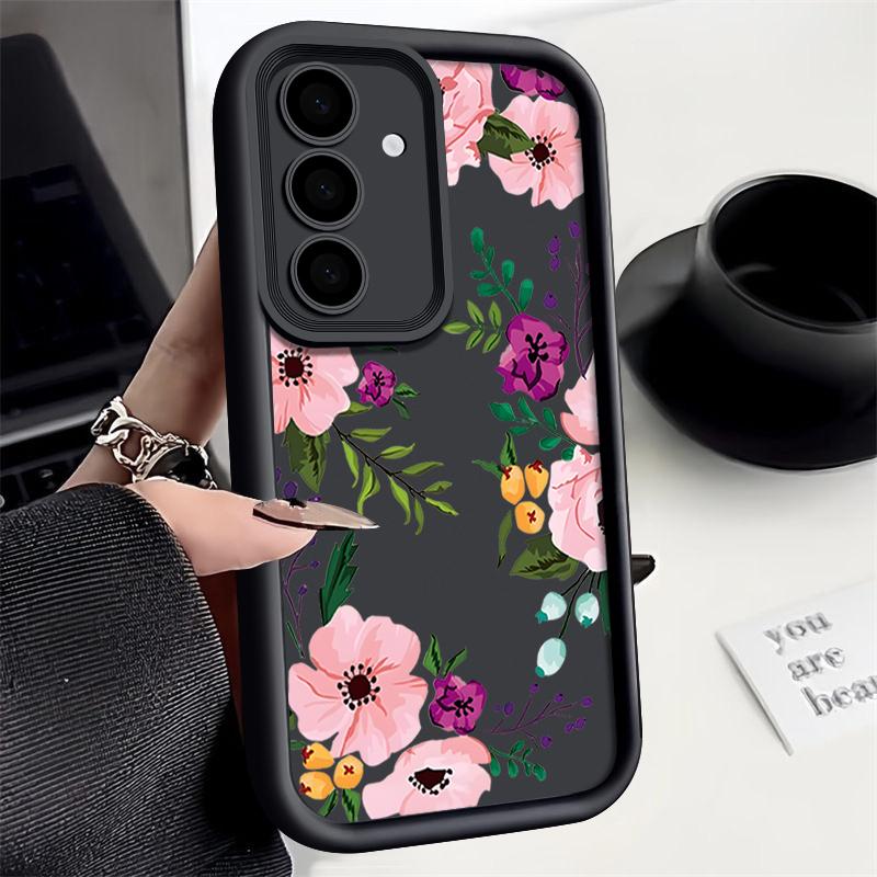 Floral Print TPU Shockproof Phone Case For Samsung S25 Ultra S24 FE S23 Plus A56 A36 A16 A15 A55 A06 Soft Silicone Lens Protection Matte Bumper Cover