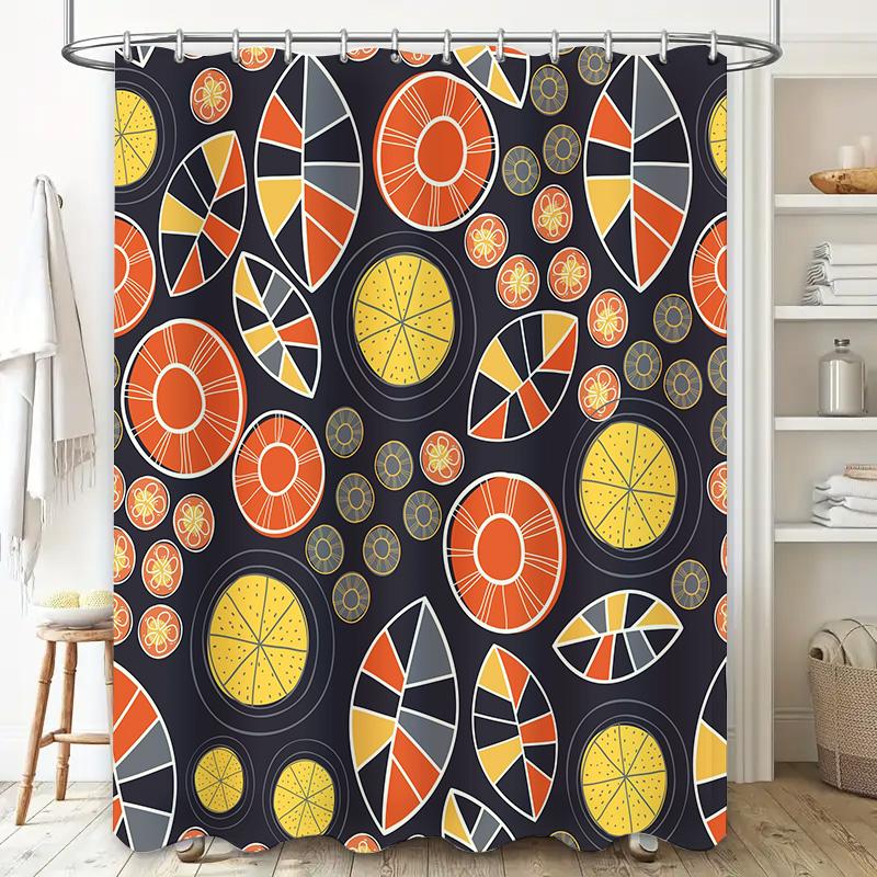 Modern Bathroom Decor Shower Curtain Trendy Orange and Black Geometric Pattern, Polyester Waterproof Bath Mat Cover for Home Dec