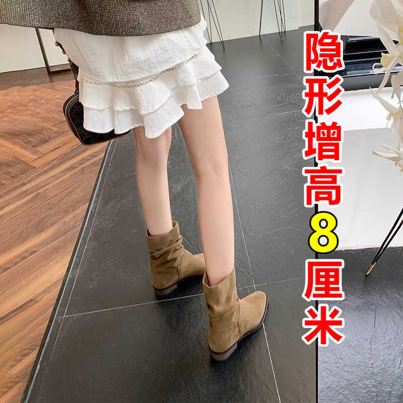 Inner heightening stack boots women's 2025 autumn new khaki short boots medium tube Martin retro western cowboy boots