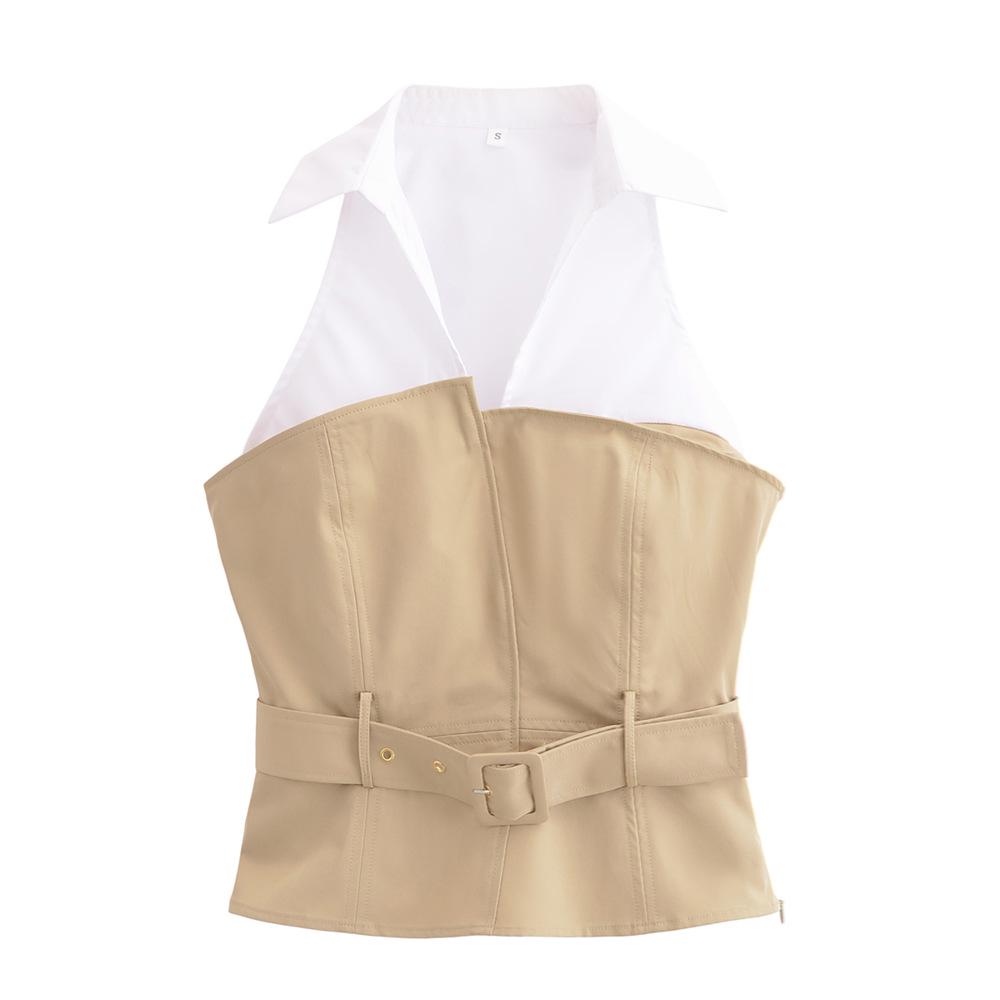 

2025 Spring/Summer Women s Casual Patchwork Belt Halter Neck Vest Small