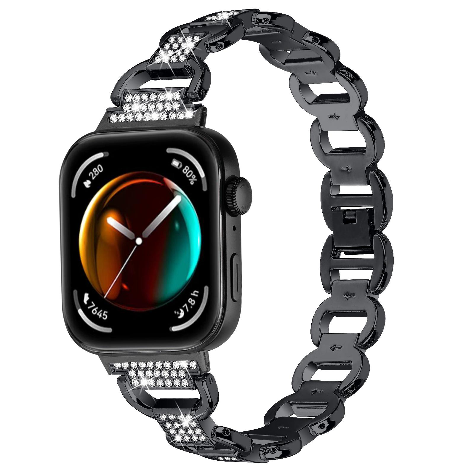 

For Huawei Watch Fit 3 Watch Strap Rhinestone Decor Oval-Shape Metal Wrist Band Gold