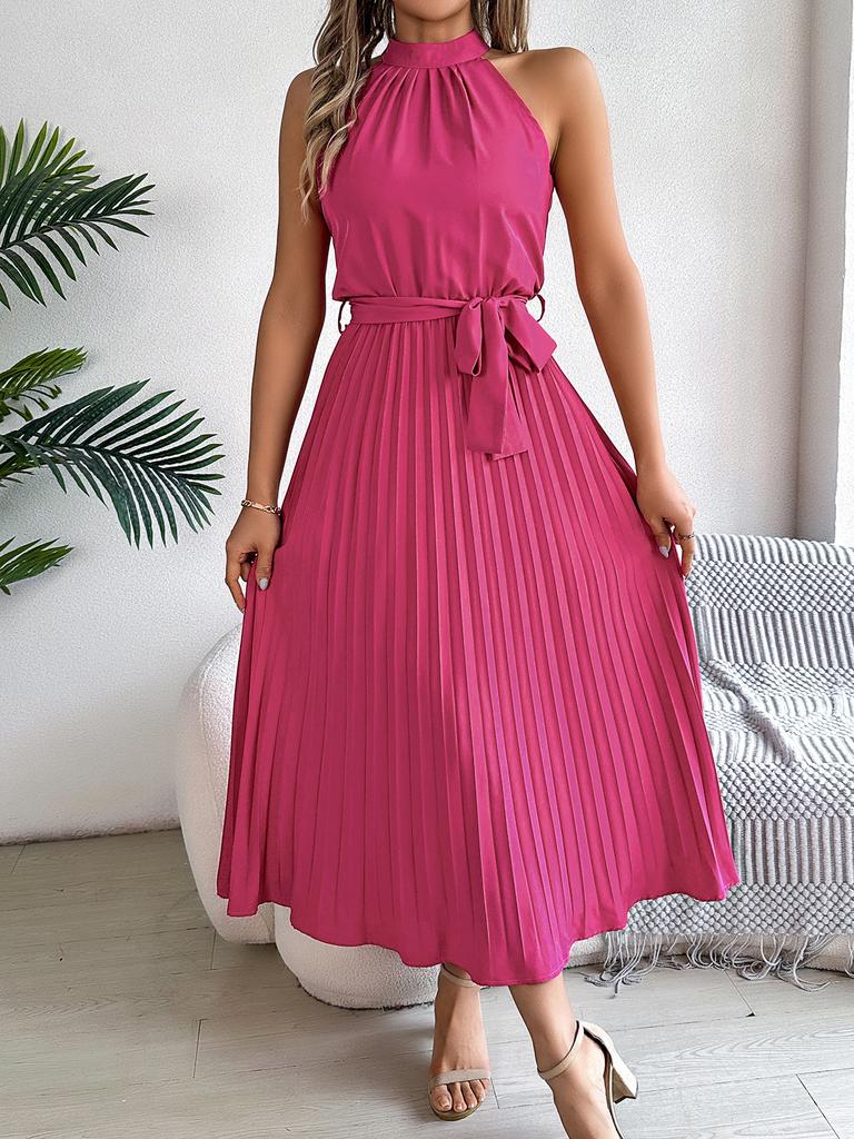 Women Elegant Stand Collar Sleeveless High Waist Pleated Solid Color Long Dress
