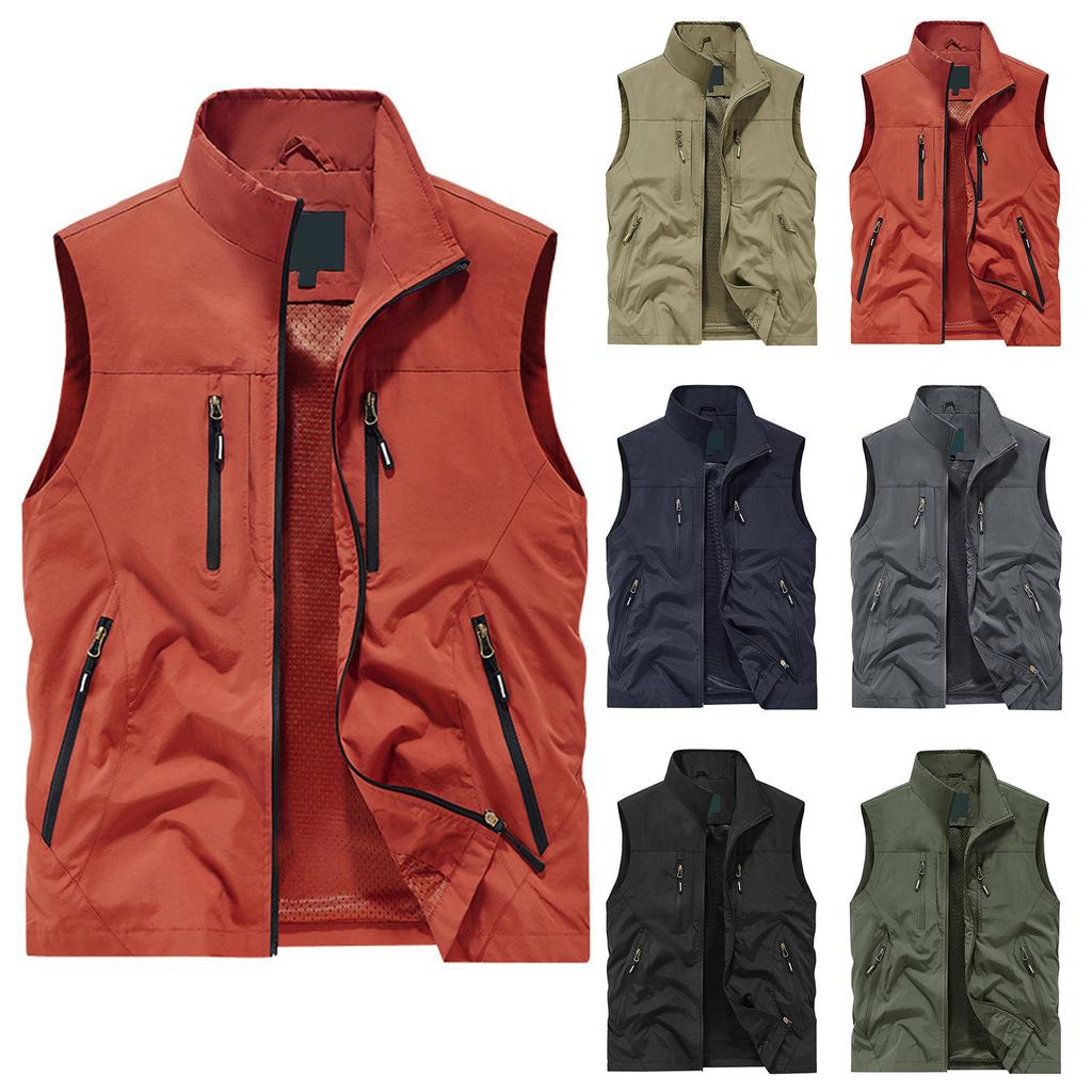 Men's Solid Color Outdoor Multi Pocket Vest Loose Vest Workwear Casual Jacket Vest