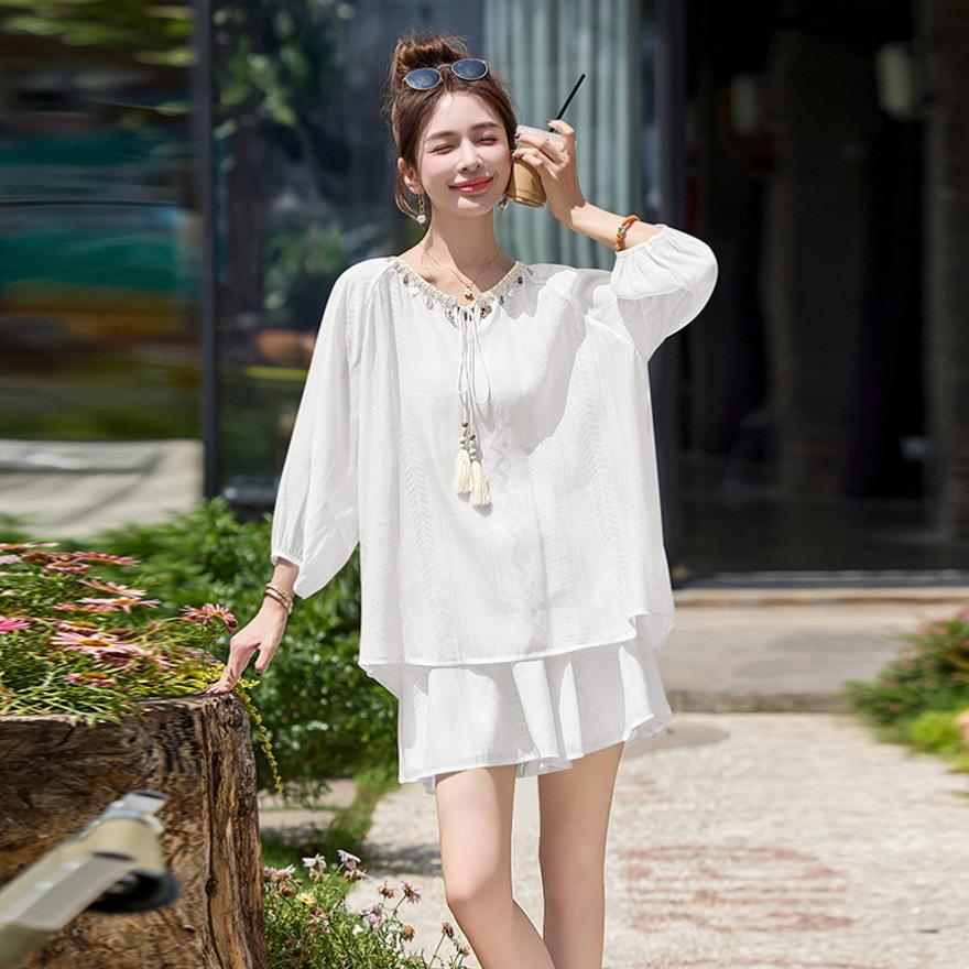 

красивый маленький костюм женский новый повседневный темперамент свободное ощущение носить солнцезащитная рубашка шорты комплект из двух предметов XXL