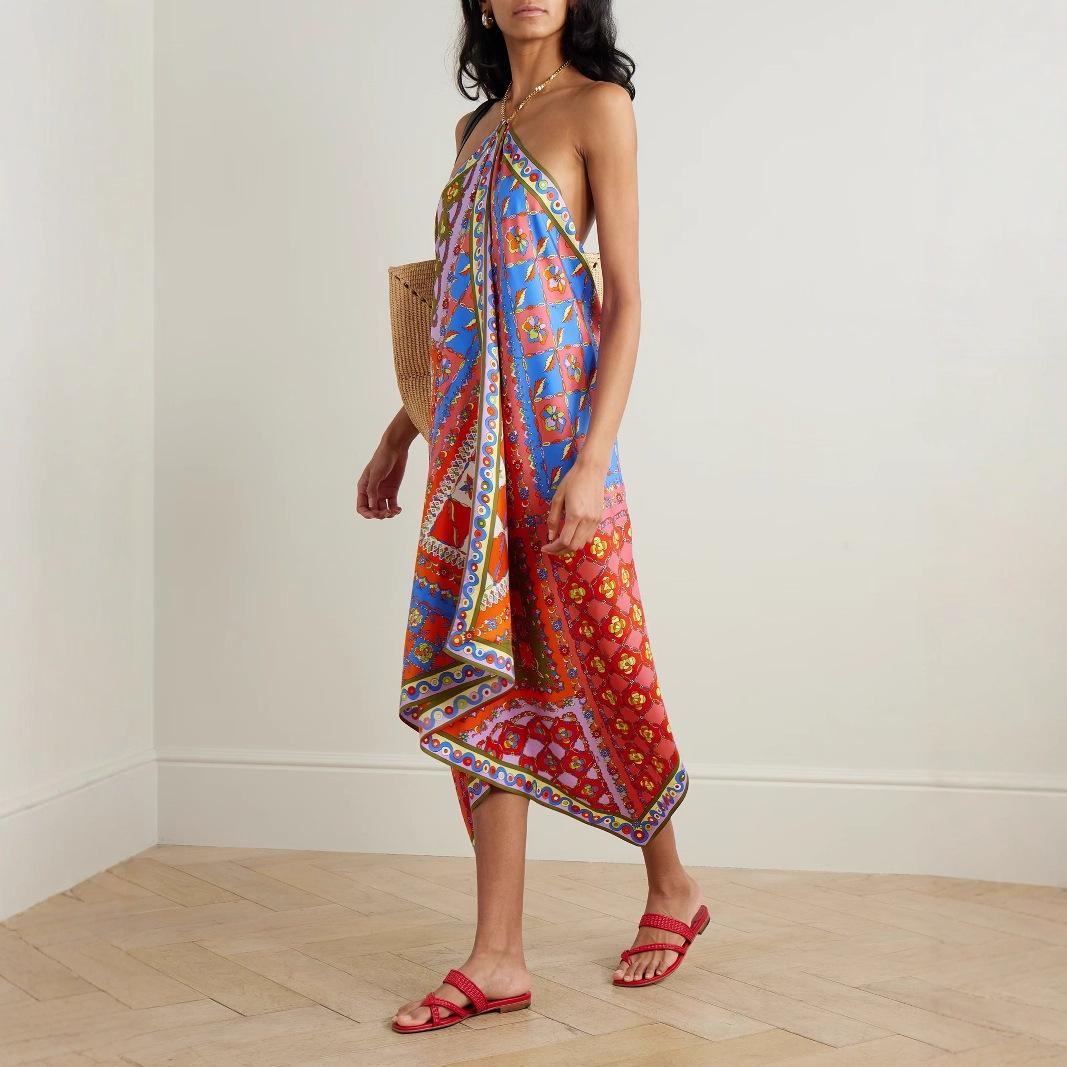 

2025 новое европейское и американское сексуальное платье с принтом, атласное, с открытой спиной и вырезом на шее, женское XL