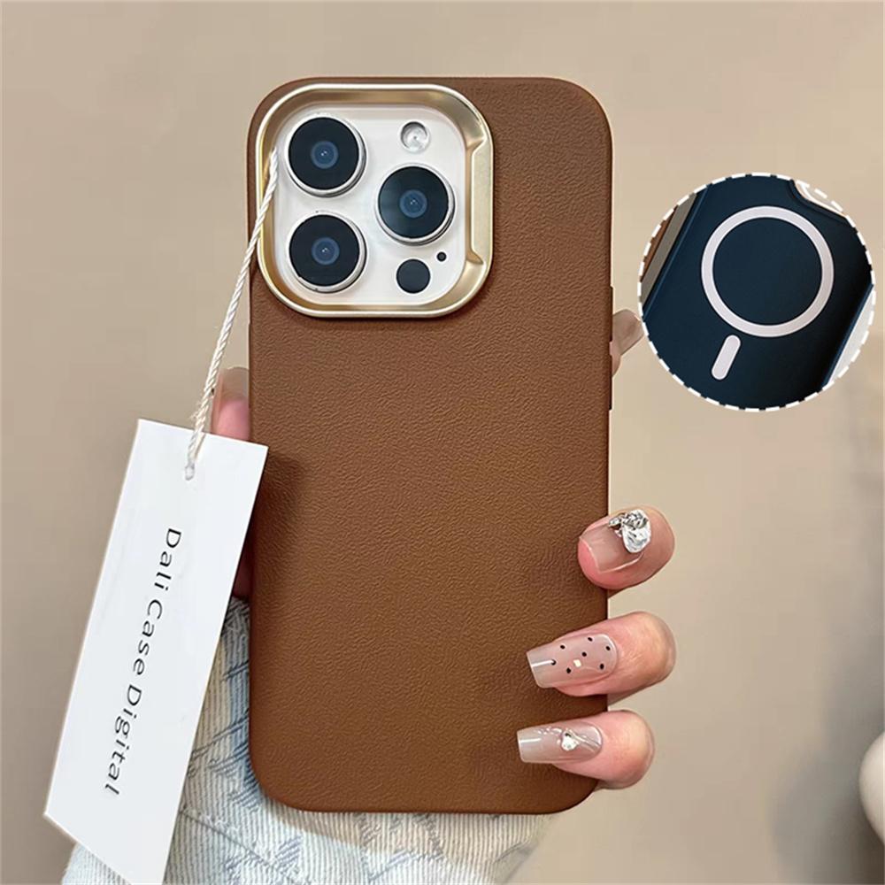 

Plating Lens Ring Leather Texture Magsafe Magnetic Case For iPhone 16 Plus 15 14 11 Pro Max Business Shockproof Soft Cover For iPhone 14 Pro коричневый