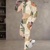 Men Plus Size Printed Two Piece Set Round Neck Long Sleeve Top Cuffed Pants