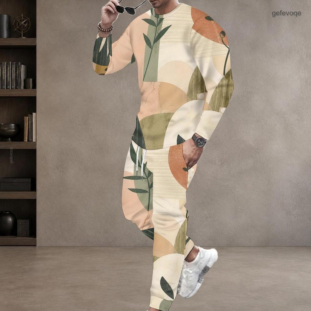 Men Plus Size Printed Two Piece Set Round Neck Long Sleeve Top Cuffed Pants