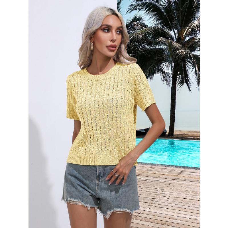 Women's Fashion Casual Solid Color Print Summer Spring Short Sleeve O-Neck Knitted Short Sleeves