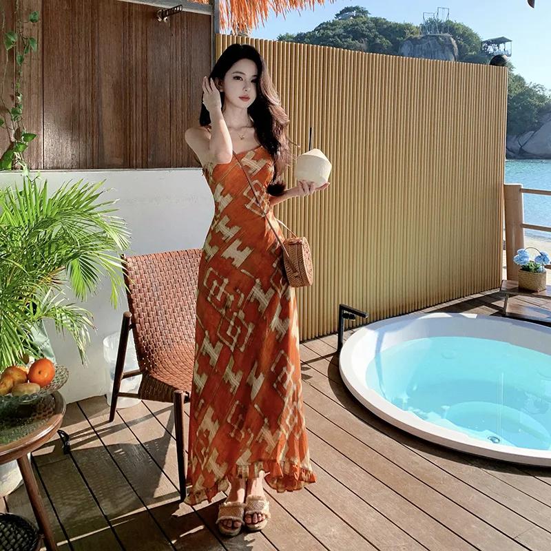 

Женский винтажный пляжный сарафан без рукавов с оборками, нерегулярное шифоновое платье с клетчатым принтом во французском стиле, длинное платье в стиле бохо XS оранжевый