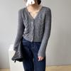 Early autumn short twist design jacket women's small V-neck single-breasted solid color knitted long-sleeved cardigan