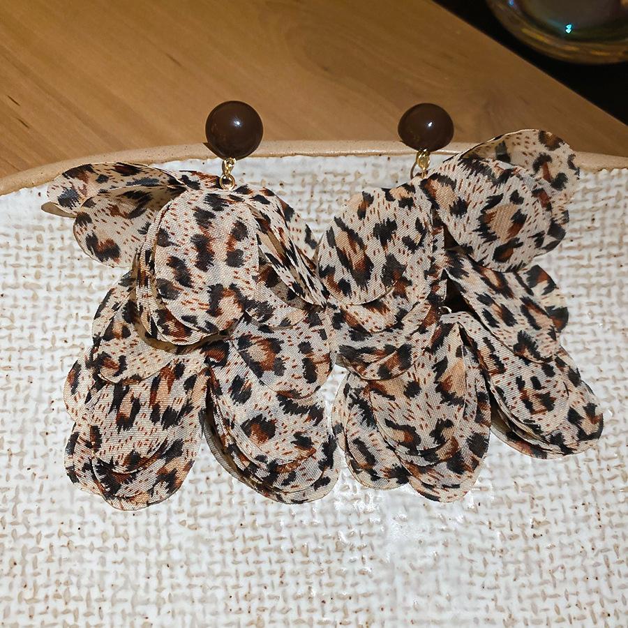 European and American retro fabric flower fringed leopard print earrings earrings personalized temperament earrings women
