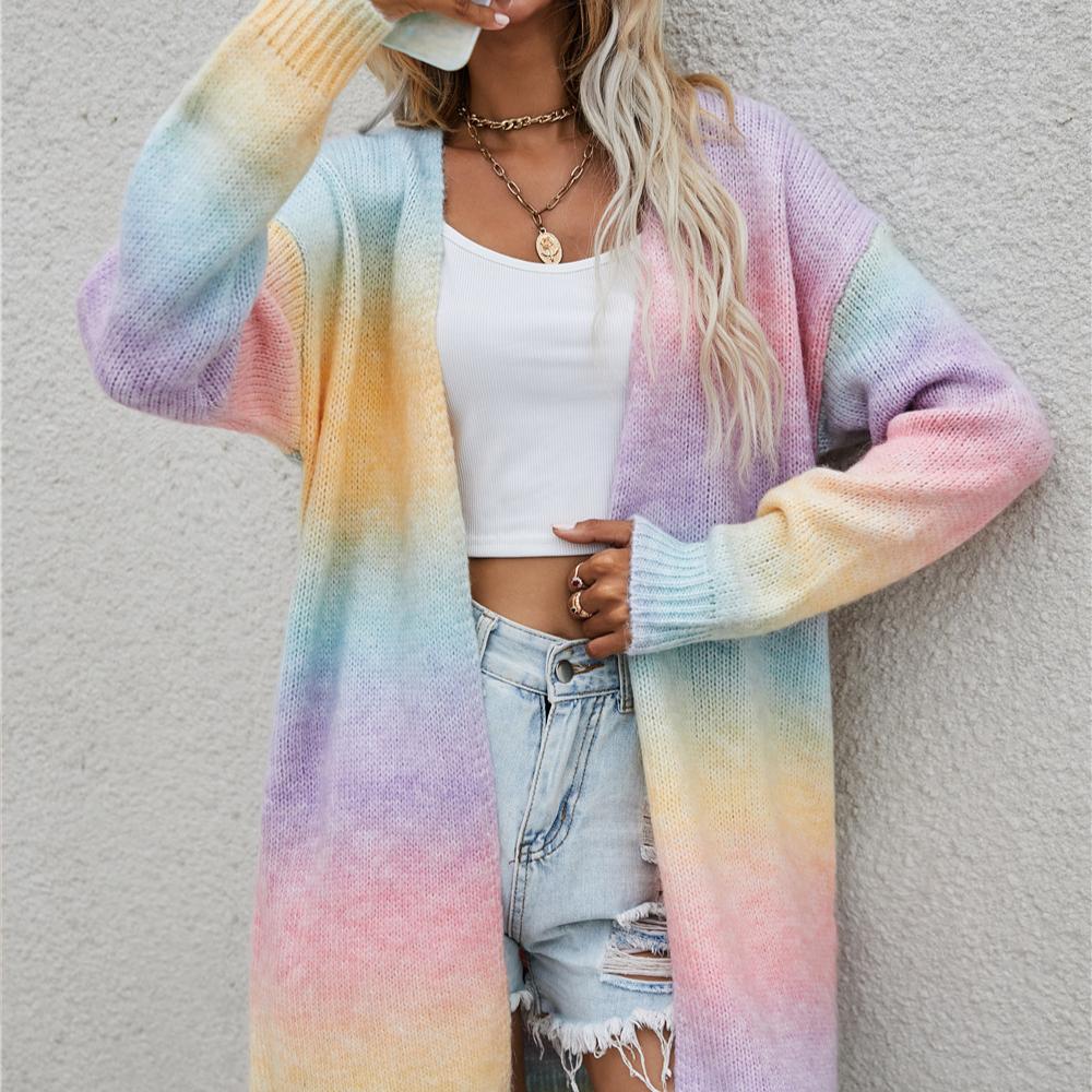 

Зимний свитер 2025 года Радужный тай-дай Средний и длинный Свободный кардиган Женский вязаный свитер-жакет 3XL розовый