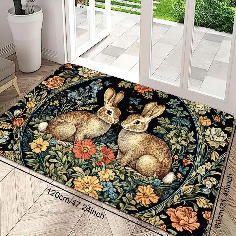 Retro Kunstdruck Doppelter Hase Blühender Teppich Eingangstürmatte Rustikaler Heimdekorativer Teppich
