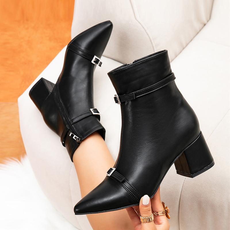 Fashion Liyke Fashion Crystal Buckle Women Ankle Boots Autumn Winter Pointed Toe Zip Designer Vintage Thin Square Heels Chelsea Shoes
