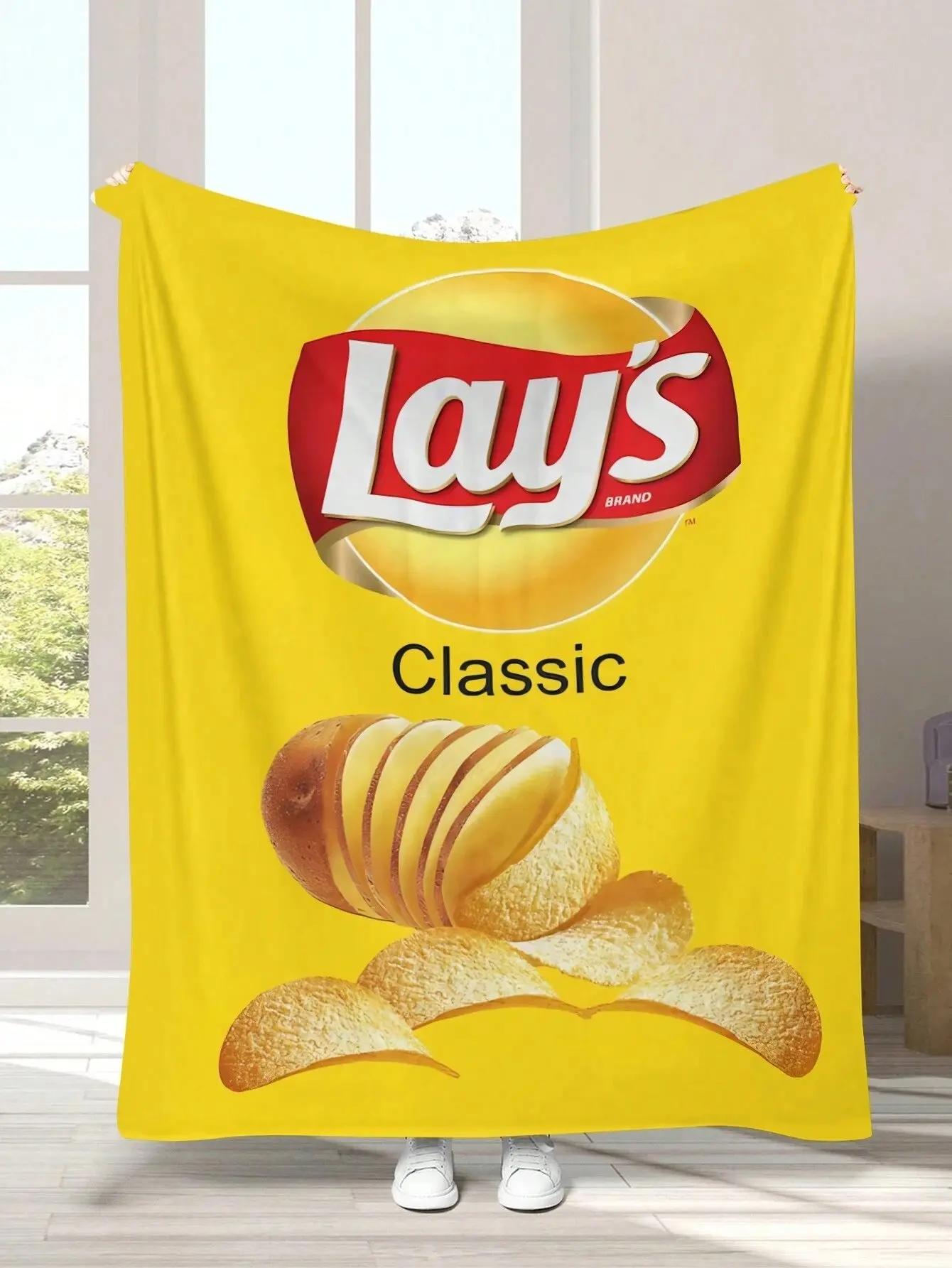 

1pc Potato Chips Cool Packaging Printed Soft Flannel Sofa Blanket, Suitable for Bed Nap Office Camping Supplies 30x40in