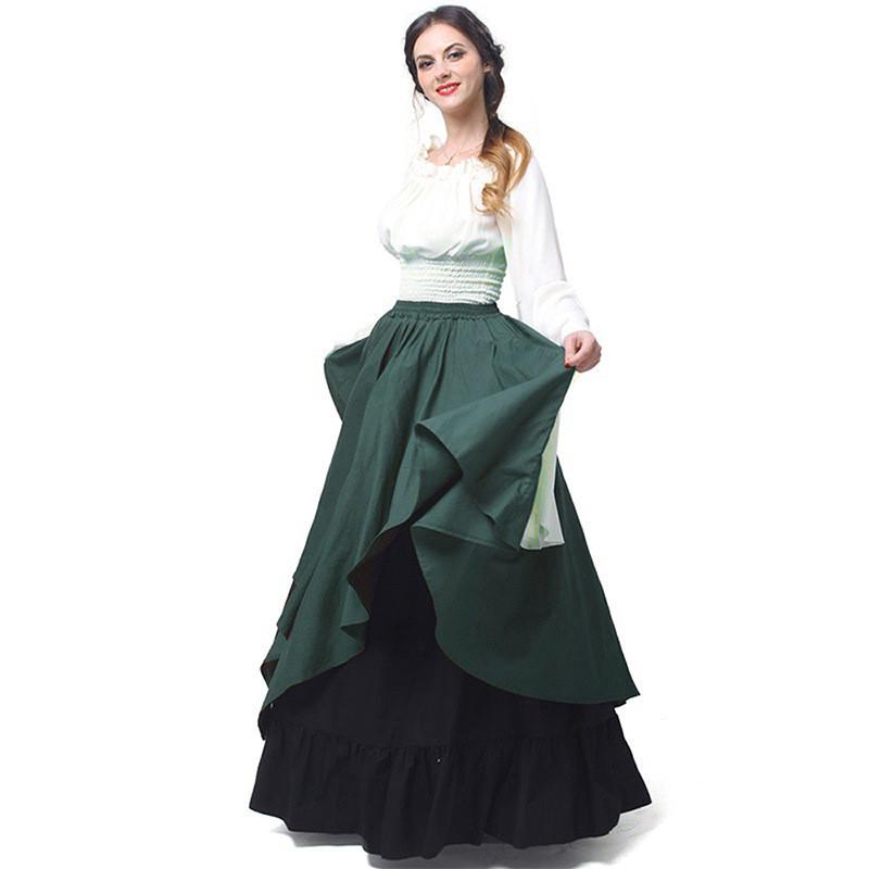 Europäisches Mittelalterliches Damen Halloween Cosplay Kleid Renaissance-Zeit Kostüm Zweiteiliges Set Blau Rot Grün Braun