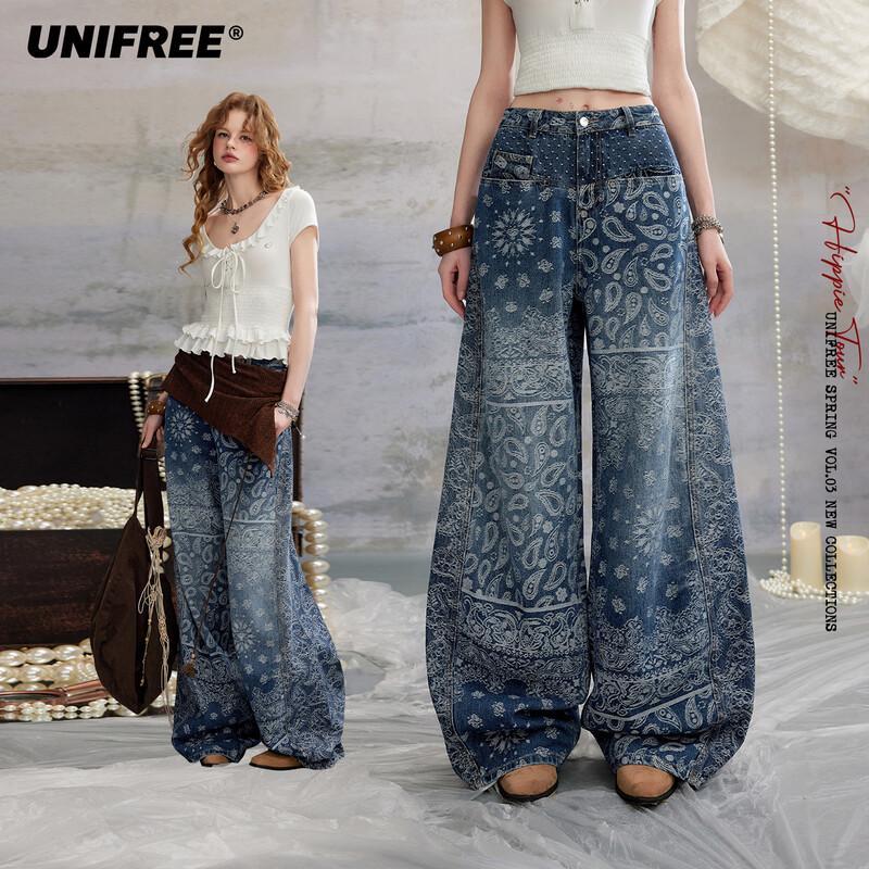 UNIFREE Retro Polka Dot Jacquard Washed Wide-Leg Jeans M