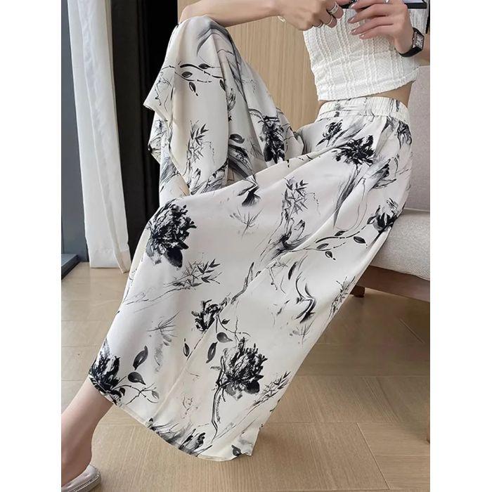 Women's High Waist Ink Print Ice Silk Wide-Leg Capri Pants - Summer 2025 Collection