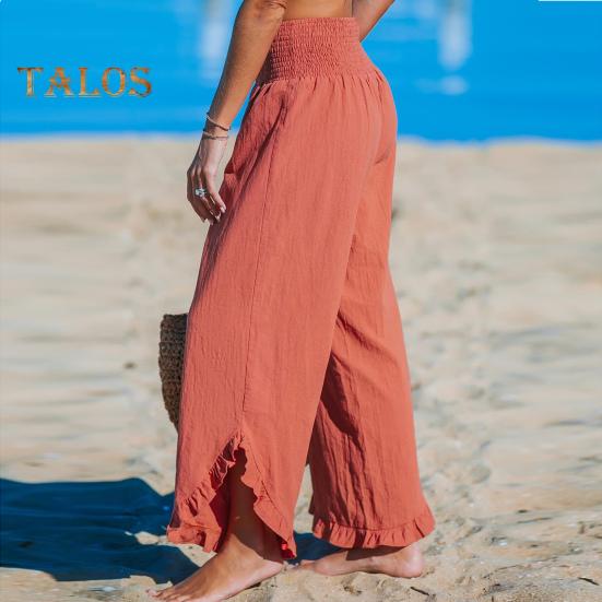 Pantaloni Casual pentru Femei, Plisați, Elastici, cu Talie Înaltă, cu Picior Larg, Pantaloni Lungi cu Buzunare, Manșete cu Volane, Croială Lejeră, Pantaloni de Timp Liber