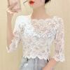 Women's Lace Base One-Shoulder Top: Stylish Spring-Autumn Blouse with Wave Edge and Exposed Collarbone Design