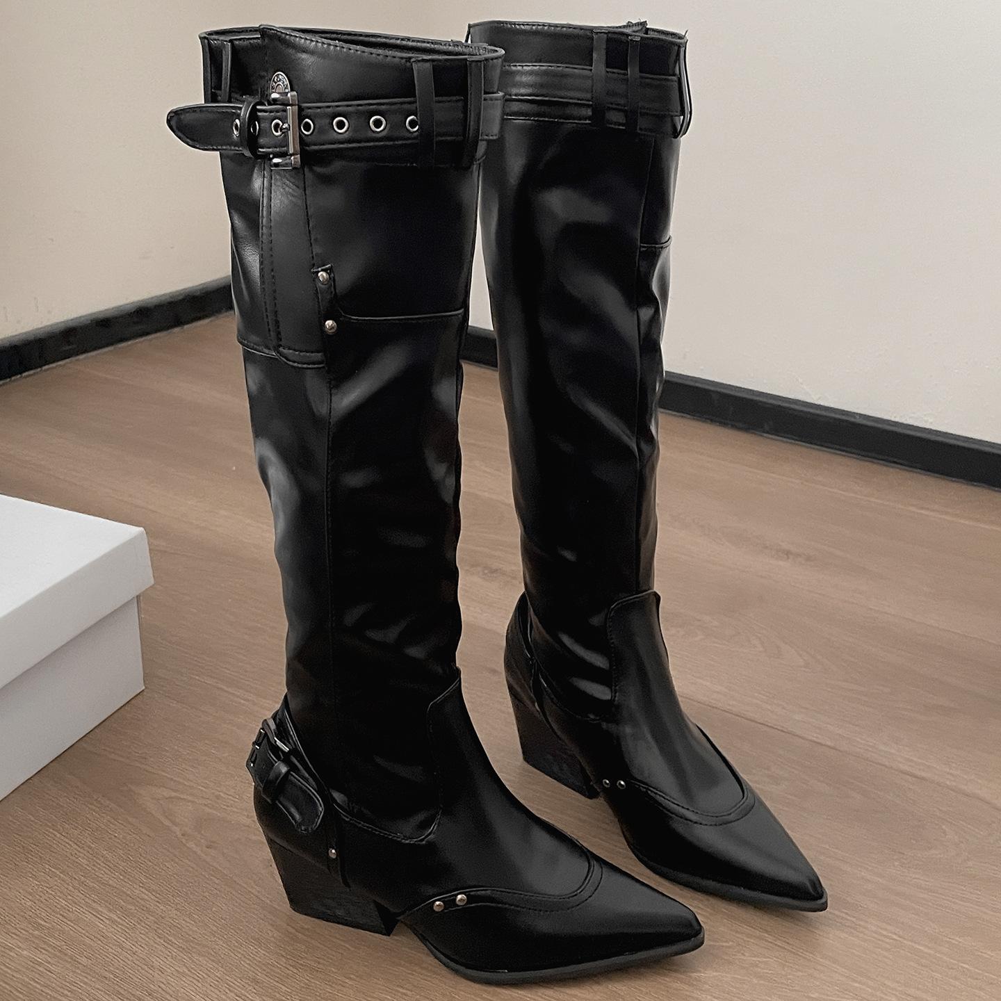 

Black retro British thick-heeled boots children s boots 2025 new autumn with skirt pointed knight boots 35