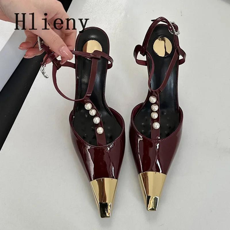 Sexy Metal Pointed Toe Stiletto Sandal Women Luxury Pearls Strap Buckle Designer High Heels Party Prom Shoes Summer Women Pumps