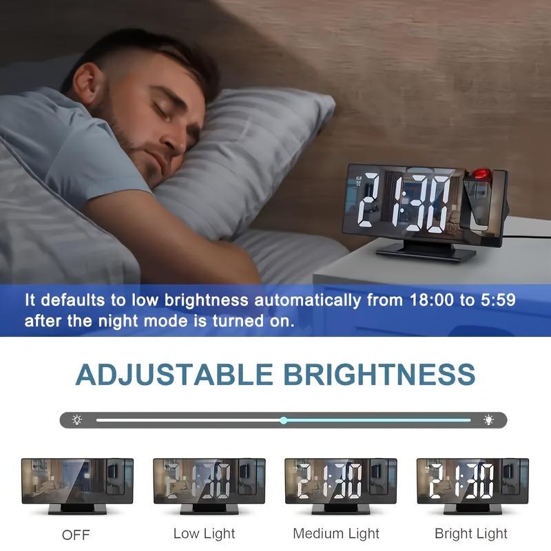 180° Adjustable LED Projection Alarm Clock with Snooze 12/24H Temperature Display and Mirror Design USB Powered for Bedroom Home