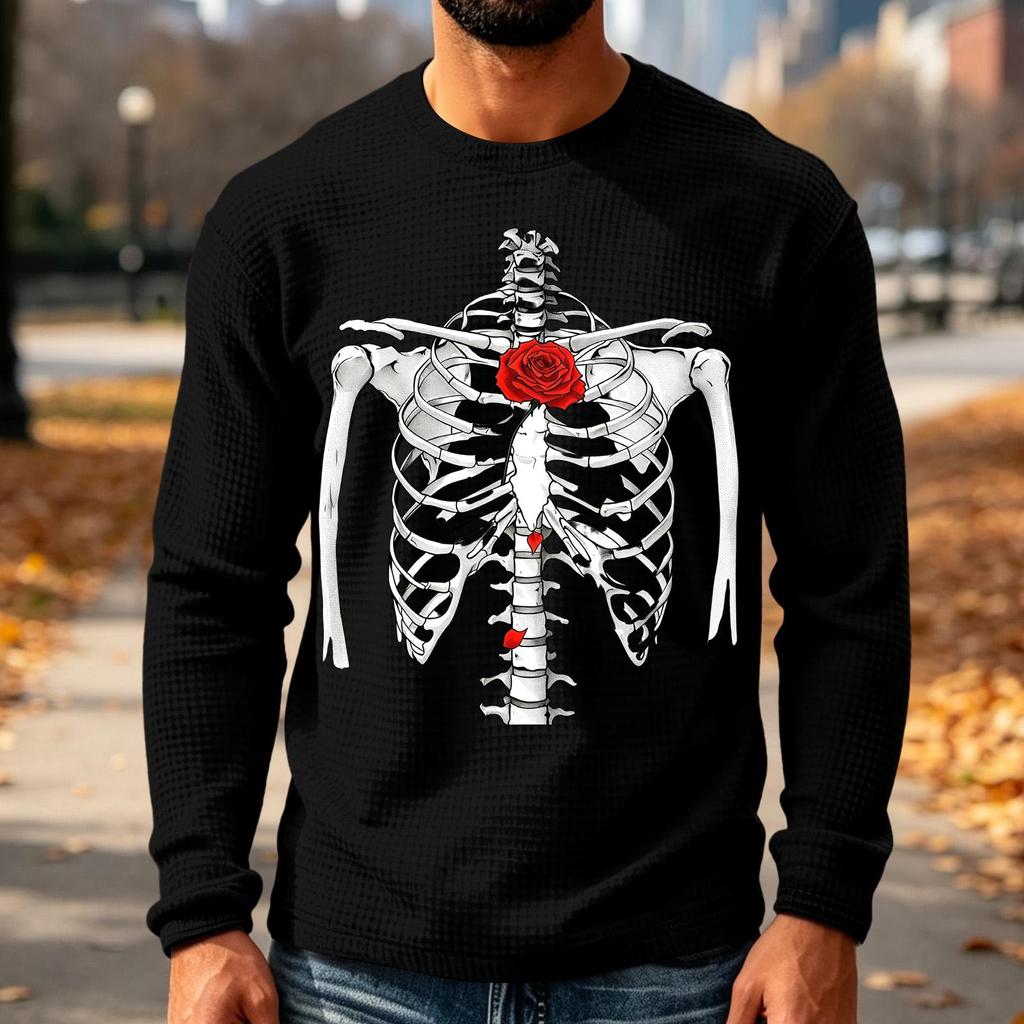 Men's Knit Long Sleeve Neck T-Shirt with Halloween Print Casual Top