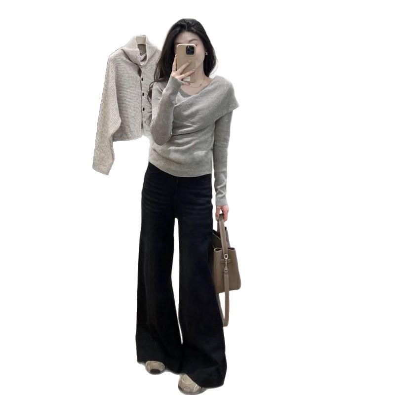 Haut Tricot Gris Coupe Ajustée Col Croisé Grande Taille pour Femme - Manches Longues Arrivage Printemps, Couche Intérieure Amincissante