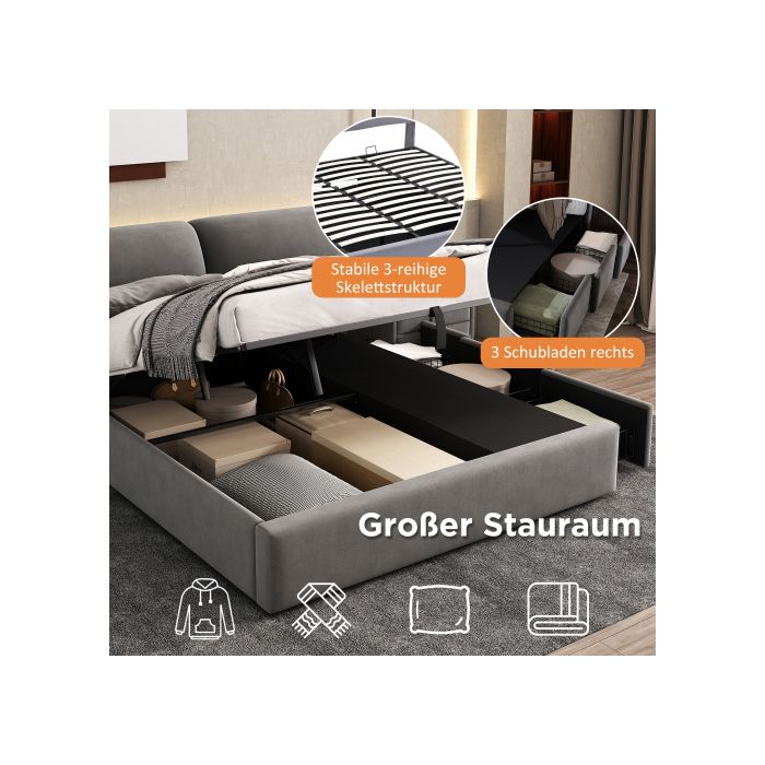 Lit - MUVOE - 180x200 - Tiroirs de rangement - Tête de lit réglable - Tissu velours gris