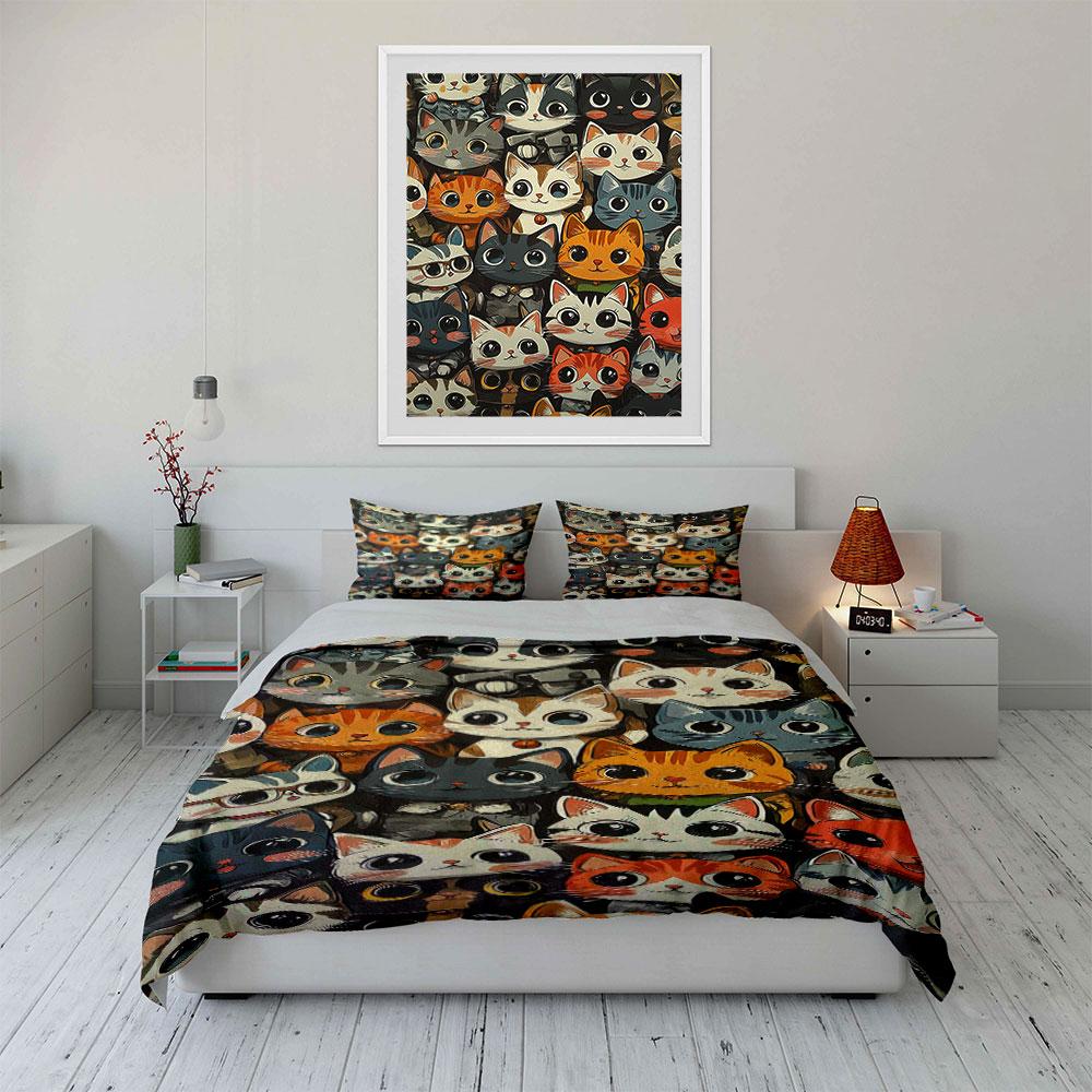 Stylized Cat Faces Pattern. Bedding Sets Duvet Cover Sets Duvet Covers Pillowcases(1 * Duvet Cover 2 * Pillowcases, Without Duvet Insert)