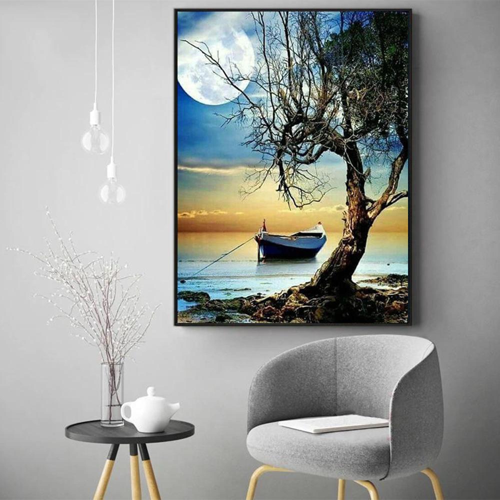 Diamant-Malerei, Mond, voller Bohrer, quadratisch, Diamant-Stickerei, Baum, Perlen, Mosaik, Küstenlandschaft, 5D, DIY-Kunst, Wanddekoration