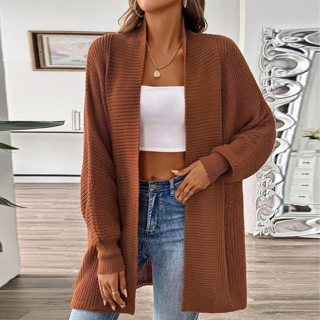 Women's Long Sleeved Solid Color Medium Length Knitted Cardigan Jacket Sweater Knitted Sweater