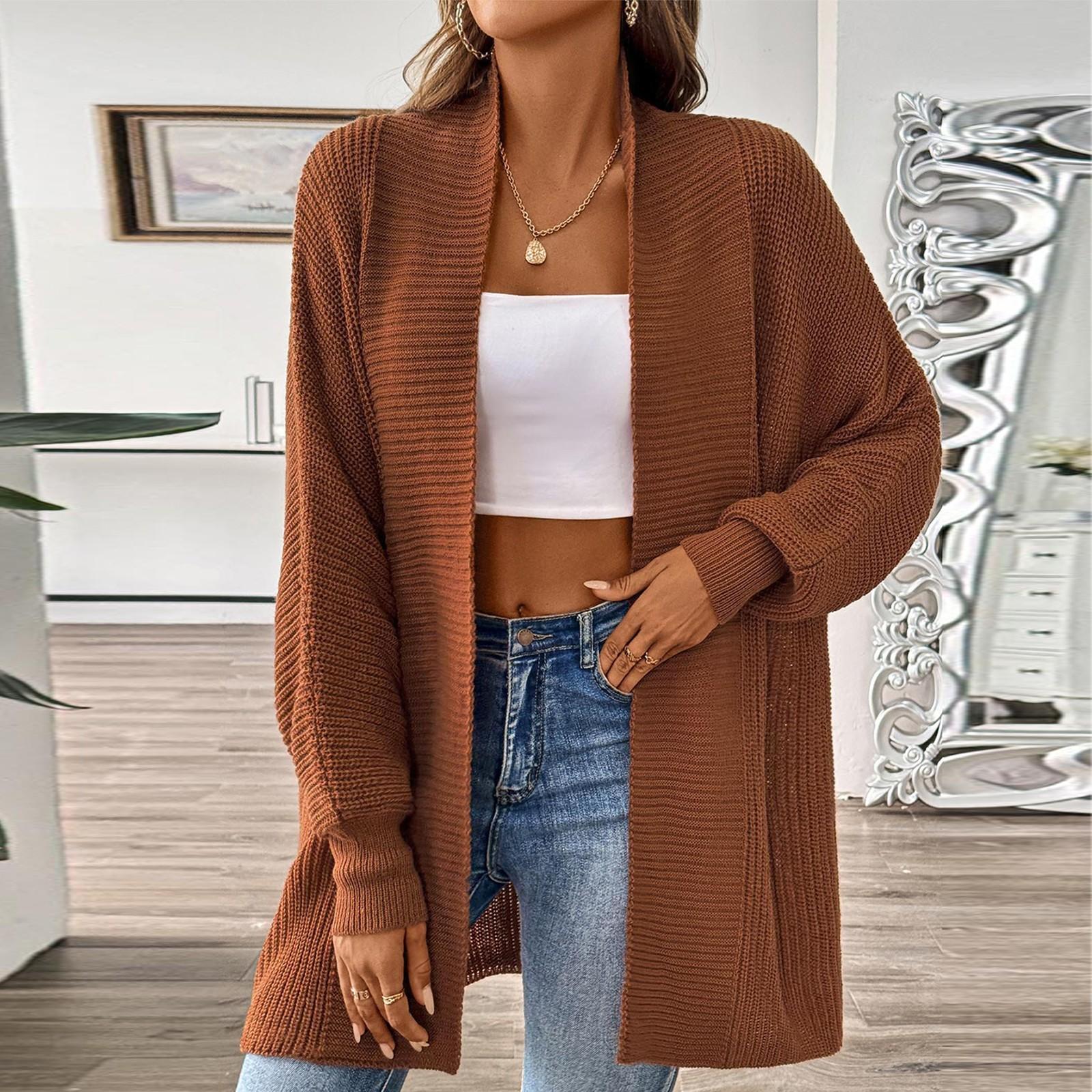 

Женский вязаный кардиган средней длины однотонный с длинным рукавом куртка свитер вязаный свитер One Size коричневый