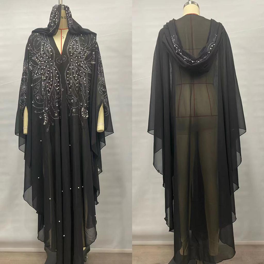 Womne Muslim Dress Embroidered Beads Abaya Dress Muslimah Hooded Robe Chiffon Kaftan Long Dress Middle East Africa Plus Size Maxi Dress