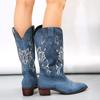 Botas de tobillo con punta puntiaguda retro de moda para invierno, nuevas botas vaqueras de lona azul para mujer, botas vaqueras occidentales bordadas informales para mujer