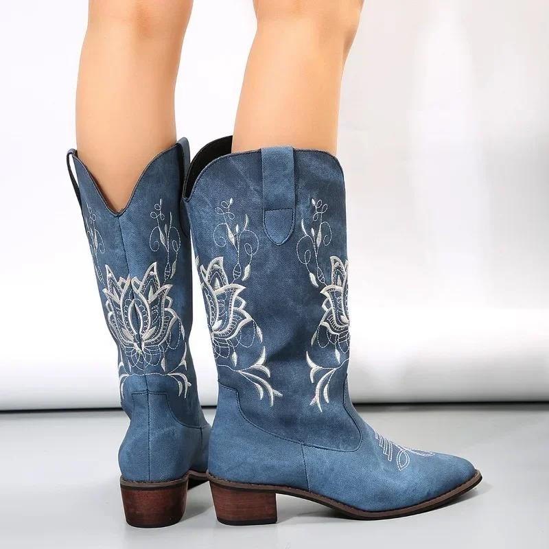 Mode Retro Spitz Zehen Knöchel Stiefel Winter Neu Blau Canvas Denim Stiefel Damen Lässig Bestickte Western Cowboy Stiefel Botines Mujer