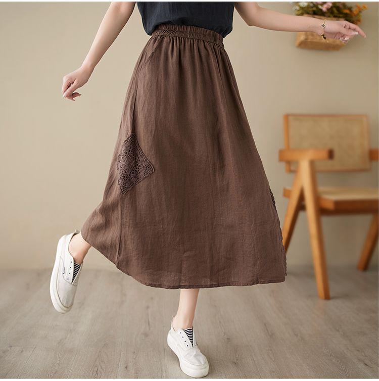 

Элегантная женская длинная хлопково-льняная юбка в этническом стиле - Двухслойная, струящийся подол Extra Large