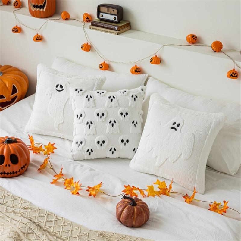 Spooky Themed Plush Pillow Cover Nursery Bedroom Decors Ghostly Pattern Throw Pillowcase for Sofa Couch Halloween Accessory