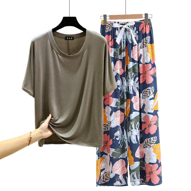T-shirt girocollo in modal con pantaloni a gamba larga floreali in popeline Set pigiama estivo sottile Tuta casual larga per dormire Loungewear comodo tutto da abbinare