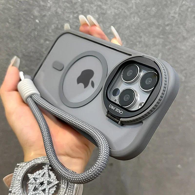 Fold Glass Lens Stand Magnetic Clear Case for 16 15 14 13 11 12 Pro Max Plus Wrist Strap Cord Shockproof Cover