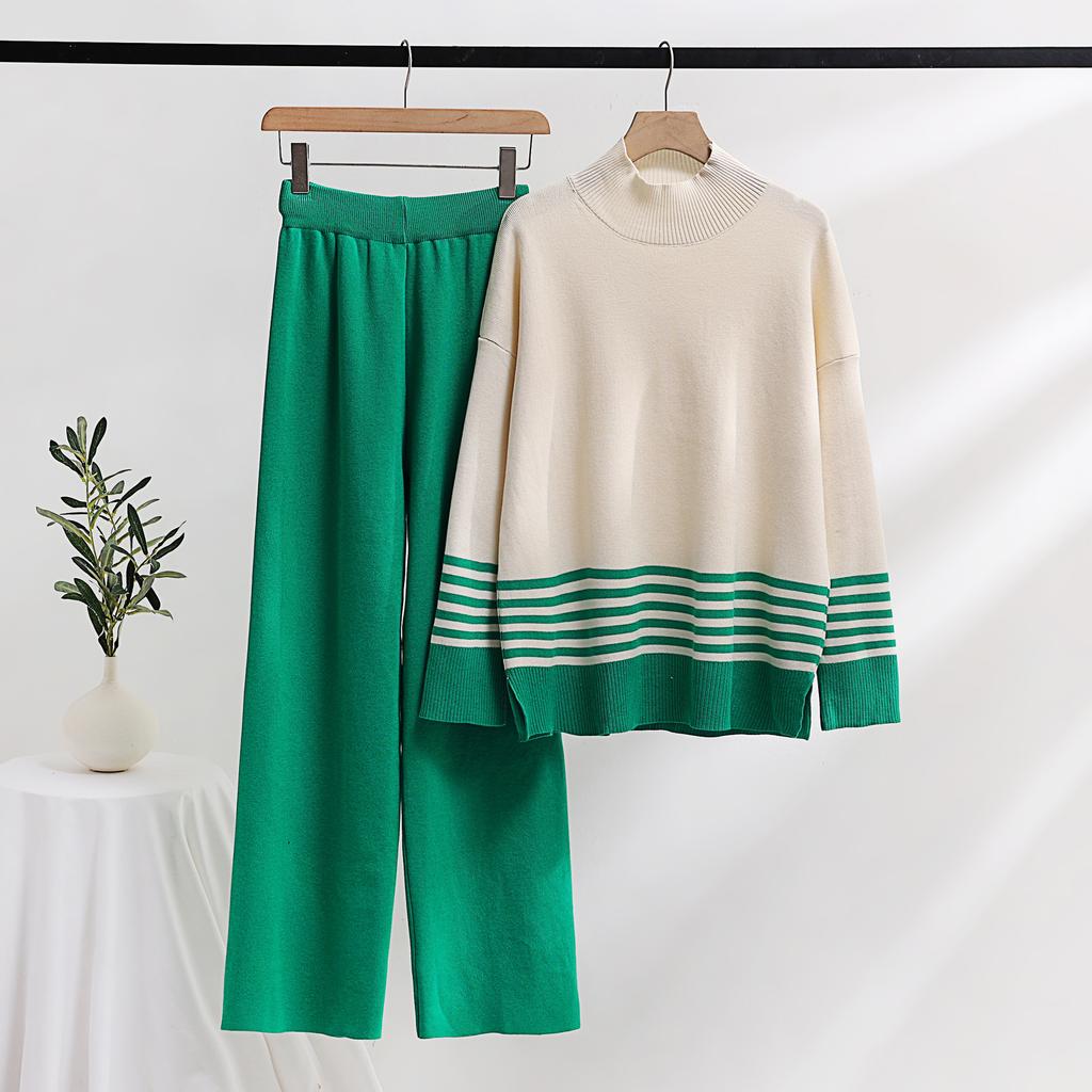 Autumn and Winter Knitted Wide-leg Pants Sweater Set Pullover Elastic Contrast Color Casual Loose Two-piece Women's Clothing