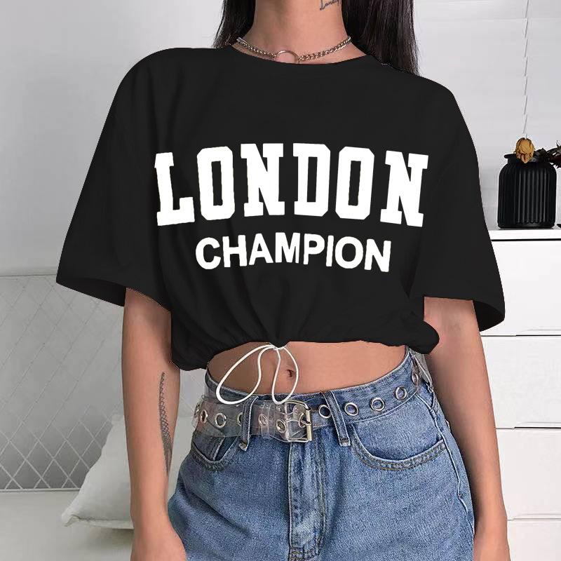 

Модная женская футболка с принтом «Лондон Письмо» Высококачественные рубашки для отдыха Свободная футболка Navel L чёрный