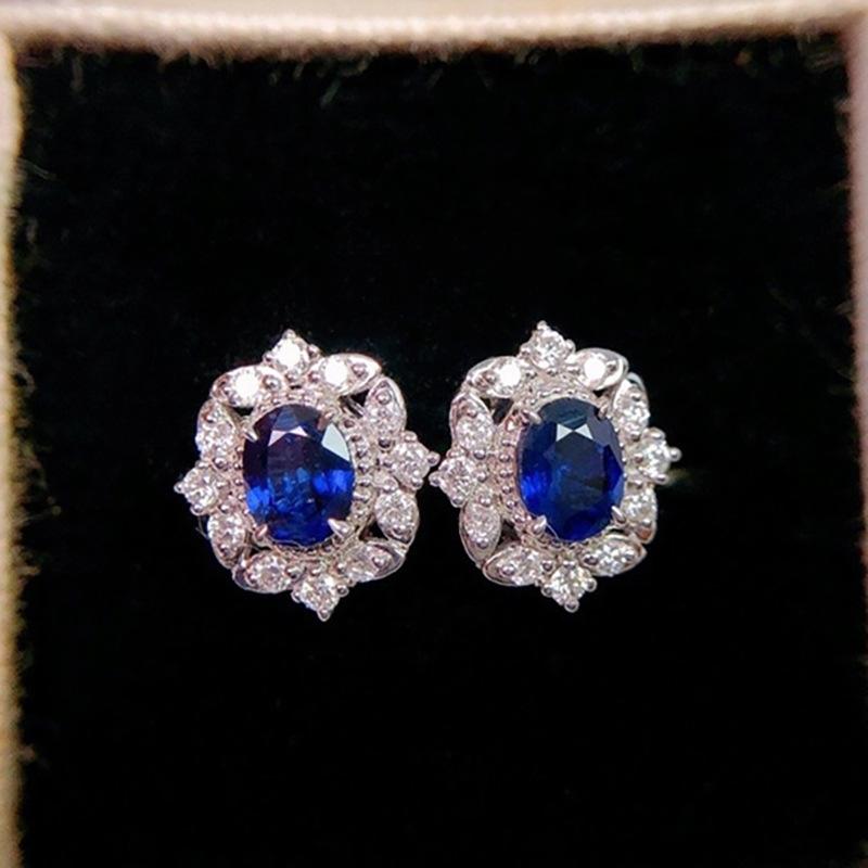 Oval Deep Blue Center Stone Floral Halo Stud Earrings Women Elegant Ear Jewelry
