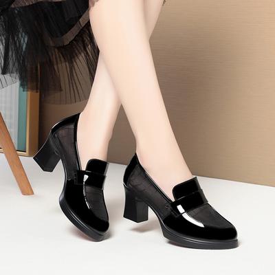 Sommerliche Einzel-Schuhe im britischen Stil, High Heels, wasserdicht, Plateau, dicker Absatz, Slipper, Mesh, atmungsaktiv, Lederschuhe für mittleres Alter